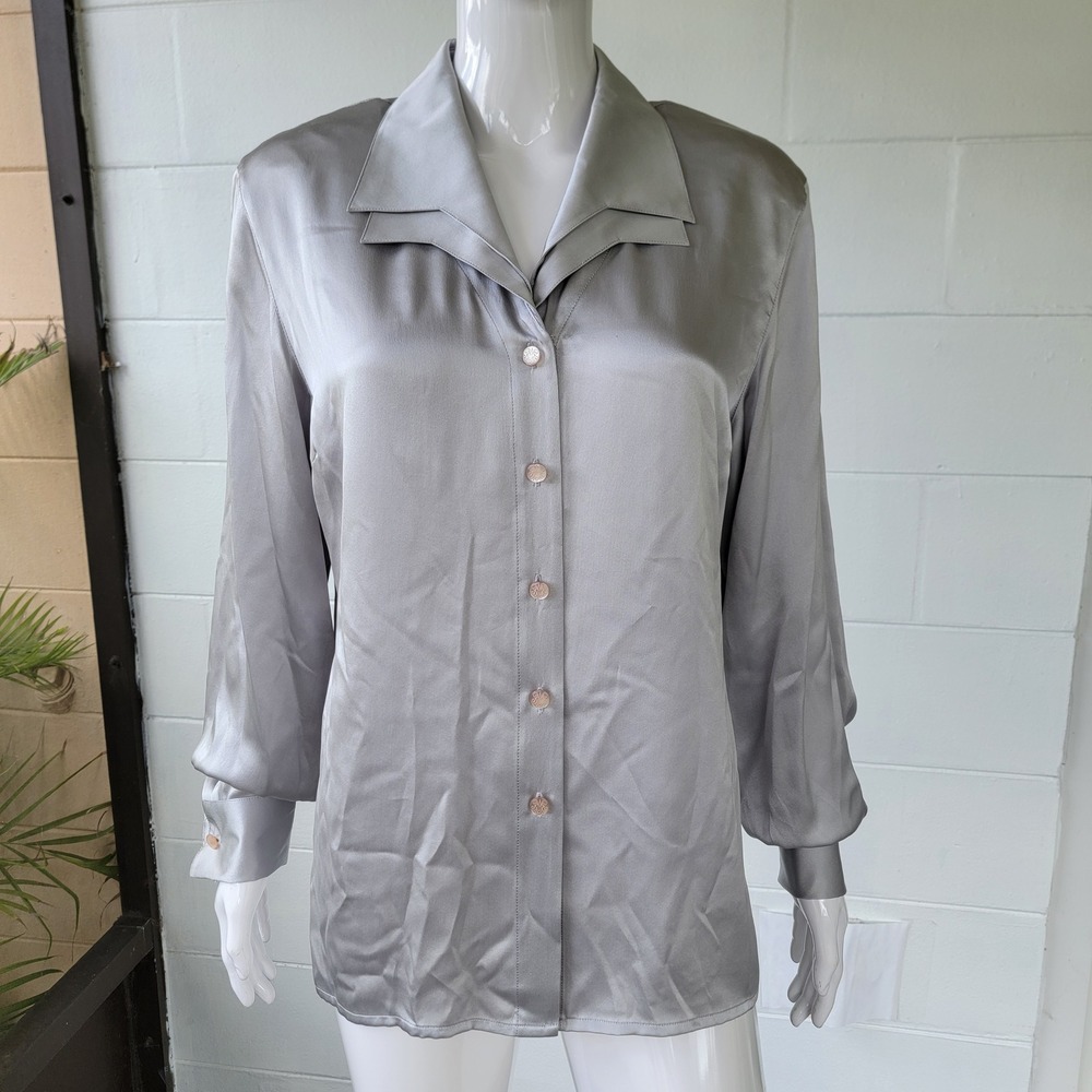 VTG 90s Starington Silk Blouse Silver Women 12 Quiet Luxury Corporate Officewear